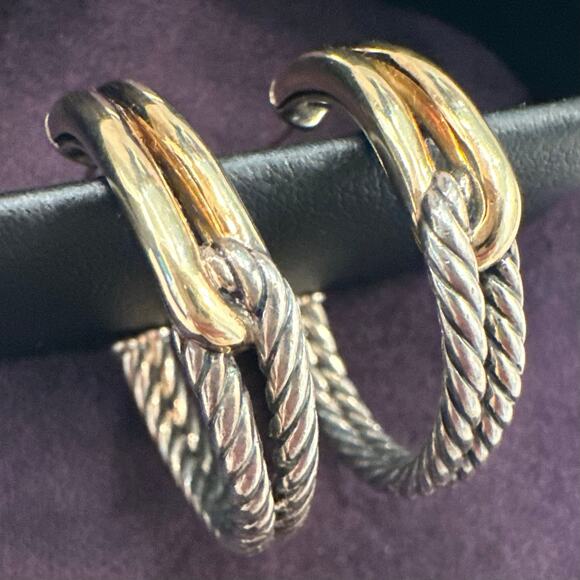 David Yurman Labyrinth Cable Rope Loop Hoop Earrings Gold 18k Silver 925 - Picture 9 of 9